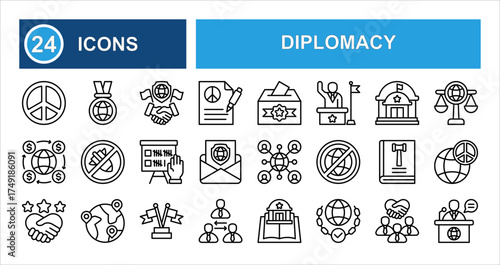 Minimalist diplomacy line icon set with editable stroke, featuring peace, respect, politics, medal, country, pacifism, international law, vote, economy, and embassy in thin modern linear style.