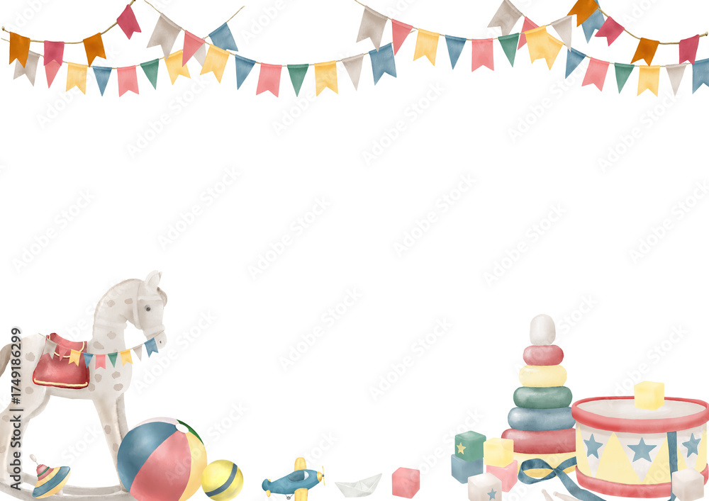 Fototapeta premium A cheerful children's postcard with a horse rocking and flags. Watercolor Dijital Illustration. Yula, pyramid and drum, children's toys are isolated on white background. Children's holidays, birthday