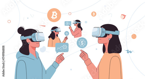 Businesswomen Interacting in Virtual Reality Metaverse with Cryptocurrency and Financial Data Visualization