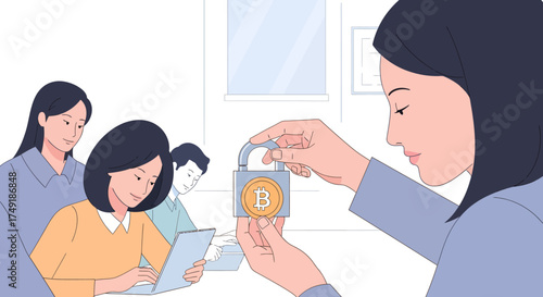 Businesswoman Securing Digital Assets with Bitcoin Security Lock Illustration for Fintech and Cryptocurrency Teams