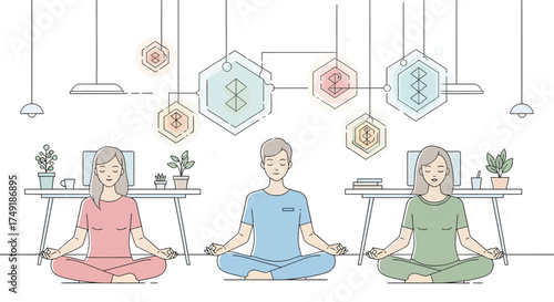 Workplace Wellness Employees Practicing Mindfulness Meditation for Stress Reduction and Focus at Office Desks