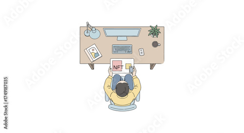 Top Down View of Creative Professional Working on NFT Art Creation on Tablet at Home Office Desk