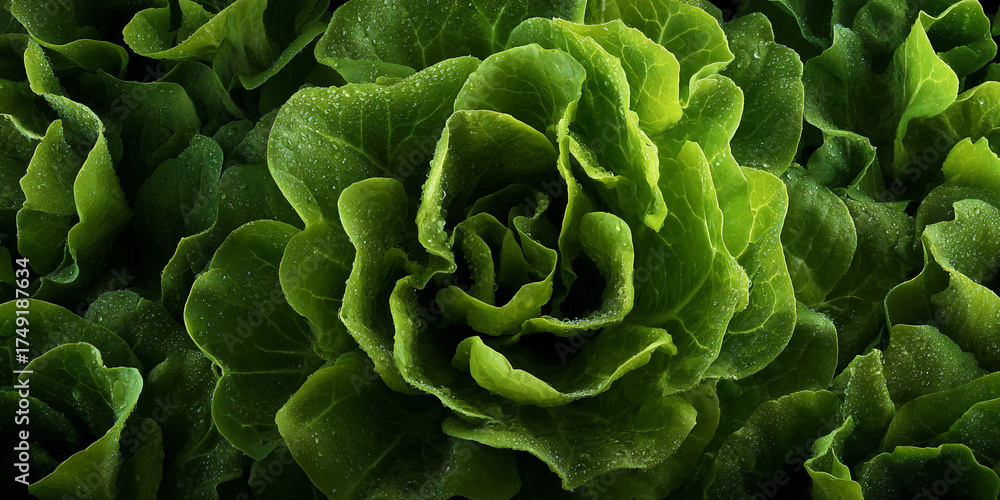 Fototapeta premium Fresh lettuce leaves macro with water drops in organic natural detail - AI generated