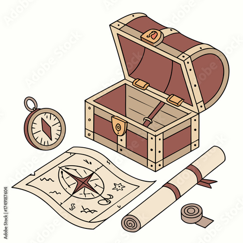 Illustration of a treasure chest, compass, map, and scroll, evoking a sense of adventure and discovery