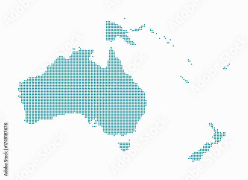 Oceania dotted map. Digital style map of the continent on white background. Oceania shape with square dots. Colored dots style. Small size squares. Awesome vector illustration.