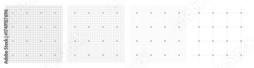 White abstract grid variations with black plus signs and dotted guides for calibration, measurement, engineering planning, data layout, and modern technology background use