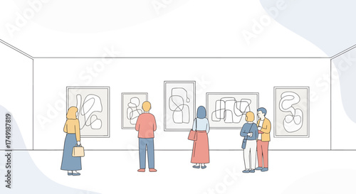 Diverse Group of People Viewing Abstract Minimalist Line Art in a Modern Art Gallery Exhibition