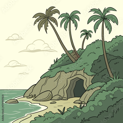 Vector art of a charming cartoon illustration of a tropical island with swaying palm trees, a hidden cave, and gentle waves caressing the sandy beach, evoking a sense of tranquility and escape
