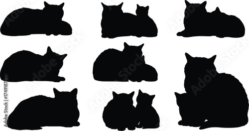 Silhouette of cats sitting and lying together, pet love, feline family bond, animal companionship, domestic cat vector illustration design