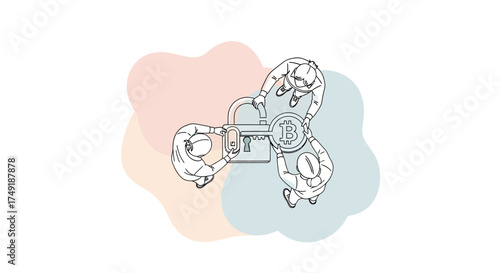 Cryptocurrency Security Concept Three People Unlocking Bitcoin Blockchain Access with a Digital Key