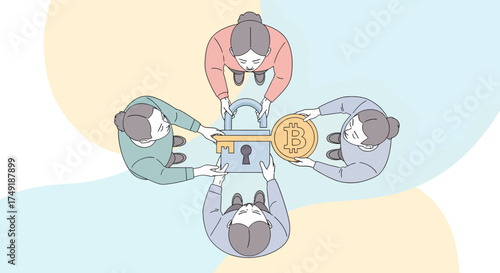 Four People Collaborating to Secure Bitcoin with a Digital Padlock and Key Concept Illustration