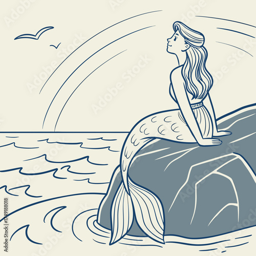 Vector art of a serene illustration of a mermaid sitting on a rock by the sea, gazing at the rainbow