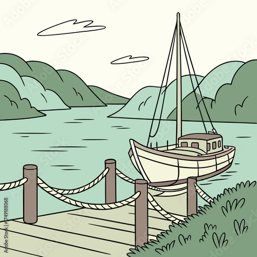 Vector art of a sailboat is docked at a wooden pier, surrounded by lush green hills and calm waters, creating a peaceful scene of lakeside tranquility