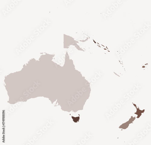 Map of Oceania with countries. Just a simple continent border map with country division. Brown color palette. Plain Oceania shape with administrative division. Vector illustration.