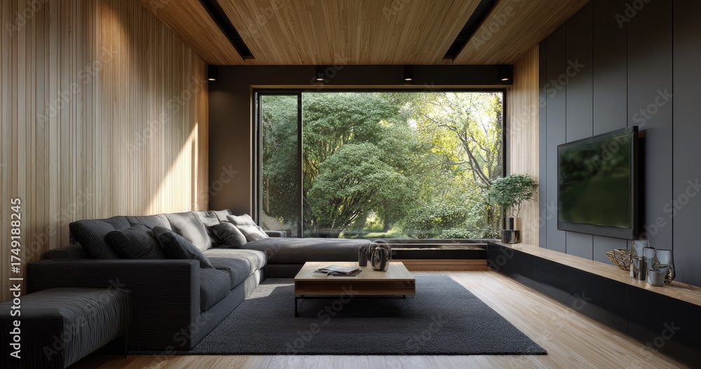 Fototapeta premium Modern interior living space with large window and comfortable furnishings