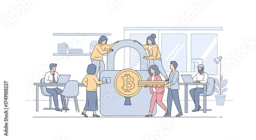 Team Unlocking Bitcoin Security and Cryptocurrency Access with Key Concept Illustration