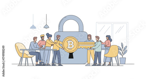 Team Securing Bitcoin Access Blockchain Security and Cryptocurrency Key Exchange Illustration