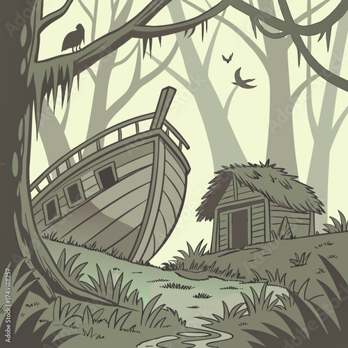 Vector art of an abandoned ship sits near a wooden shack in a dense forest, with a bird perched on a branch and another flying overhead, creating a mysterious scene