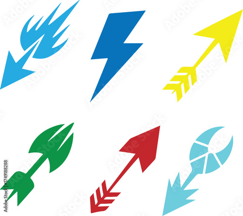 Colorful abstract arrows and lightning bolts representing speed direction motion energy