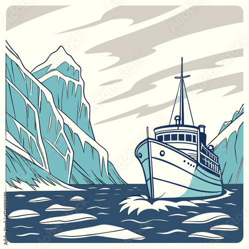 Vector art of boat sailing through icy waters with mountains in the background, birds flying overhead, adventure in the arctic landscape