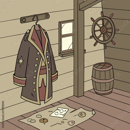 Vector art of inside a pirate cabin, a captains coat hangs beside a treasure map, wheel, and barrel, hinting at adventure and hidden riches