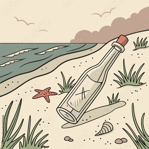 Vector art of message in a bottle on the beach with starfish and seashells, a symbol of hope, communication, and the enduring allure of the sea, a timeless tale of adventure