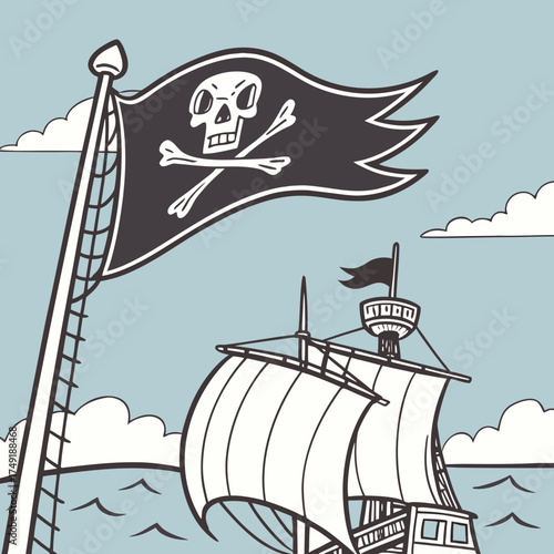 Vector art of pirate ship with skull and crossbones flag flying high, a cartoon illustration of a pirate ship sailing on the sea with a skull and crossbones flag