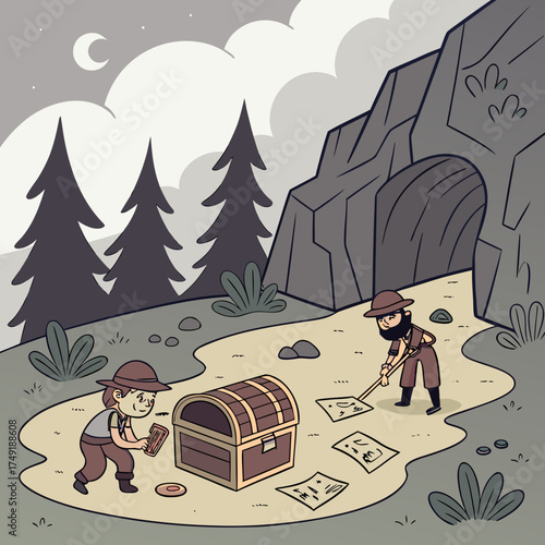 Vector art of two treasure hunters discover a chest near a cave entrance, using maps and tools in a moonlit landscape, hinting at adventure and discovery