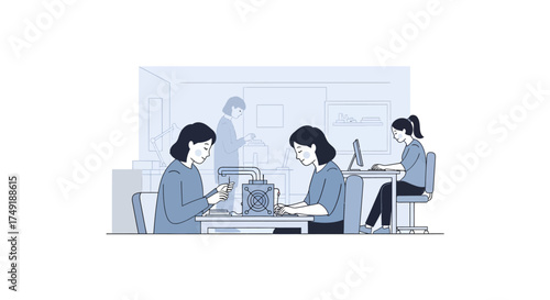 Illustration of Focused Office Workers Using Technology for Productivity and Remote Collaboration