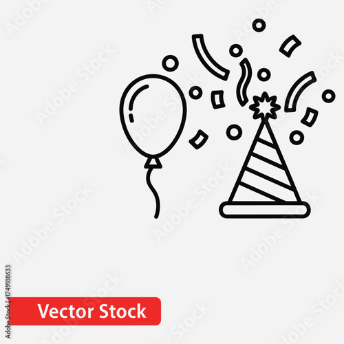 Festive celebration party icon featuring a hat, balloon, and falling confetti. Simple black outline vector graphic for events, birthdays, and joyful occasions