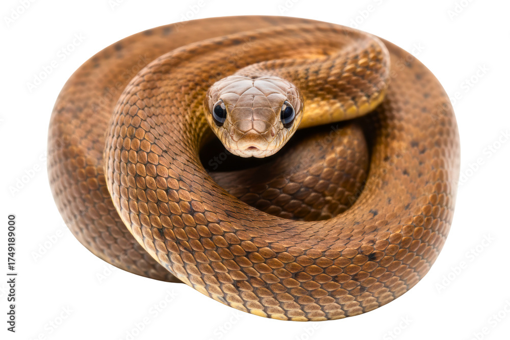 Fototapeta premium Coiled brown garden snake looking directly at the camera isolated on a transparent background