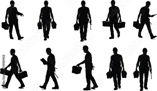 Silhouette of construction workers walking and carrying toolbox, using tablet, wearing hard hats, tools, gear, industrial labor professionals.Silhouette of construction workers walking and carrying 