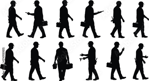 Silhouette of construction workers walking with toolbox and tools, industrial labor men at work, teamwork, safety, and engineering concept