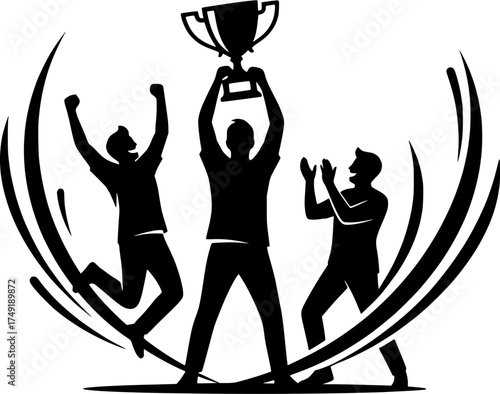 Dynamic silhouette illustration of a triumphant team celebrating victory with a shiny trophy, embodying success, teamwork, and achievement