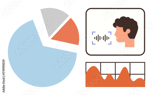 Pie chart, voice recognition graphic, and audio waveform analysis grid representing big data, technology, analytics, and machine learning. Ideal for AI, communication, research statistics