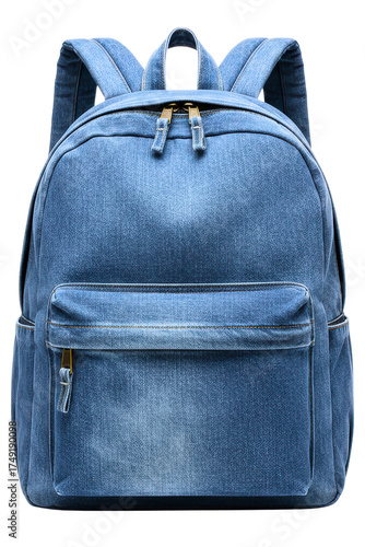 Stylish blue denim student backpack for school or travel isolated on a transparent background