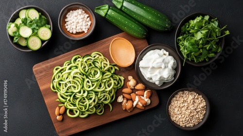 Ingredients for Zucchini Noodle Salad on a Dark Background: Zucchini, Almonds, Oats, Herbs, and Cream, Healthy Eating Concept