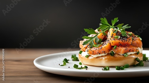 Salmon Bagel with Cream Cheese, Chives, and Poppy Seeds on a White Plate, Gourmet Breakfast, Culinary Photography