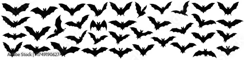
Large Set of Flying Bat Silhouettes in Various Poses for Halloween, Spooky, and Wildlife Designs

