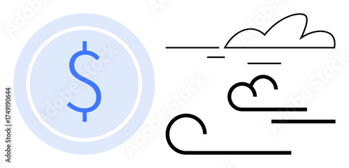 Dollar sign in a circle paired with abstract wind and cloud strokes. Ideal for finance, economy, investment, volatility, money flow, risk, opportunity, simple flat metaphor