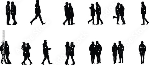 Silhouette of couple walking together, romantic man and woman in love, relationship, affection, lifestyle, people enjoying outdoor companionship