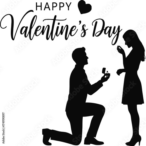 Silhouette of a man proposing to a woman with a heart above the happy valentines day text isolated on white background.