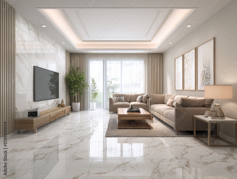 Fototapeta premium Modern living room interior design with furniture tv and natural light