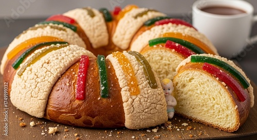 A festive Rosca de Reyes, a traditional Mexican sweet bread, adorned with colorful candied fruits and a sugary crumb topping, with a slice cut out and a hot chocolate mug in the background.