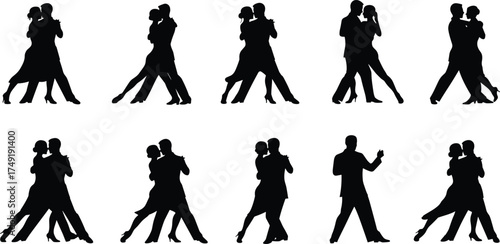 Silhouette of couples dancing tango, romantic ballroom dance poses, elegant movement, love expression, performance art, rhythm and passion conceptSilhouette of couples dancing tango, 