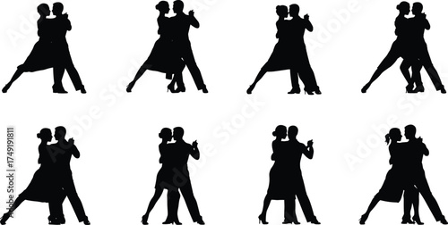 Silhouette of couples dancing tango, romantic ballroom poses, elegant dance movement, artistic performance, passion and love expression, graceful motion concept