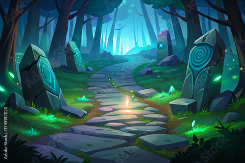 Ancient stone road glowing with runes through enchanted forest wallpaper vector background, fantasy mystery and magic concept.