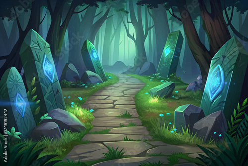 Ancient stone road glowing with runes through enchanted forest, fantasy mystery and magic concept.