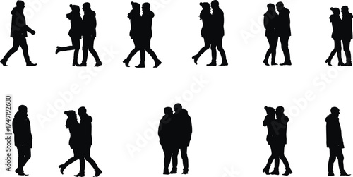 Silhouette of couples walking together, romantic man and woman hugging, people in love enjoying relationship, affection, and companionship outdoors