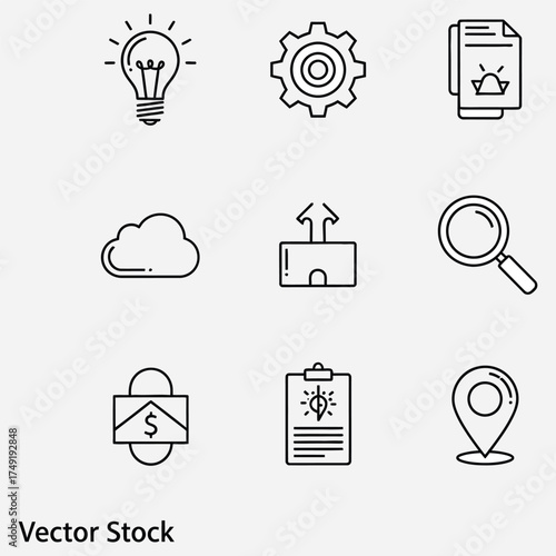 Vector Icon Set Ideas, Settings, Files, Cloud, Upload, Search, Envelope, Clipboard, and Location